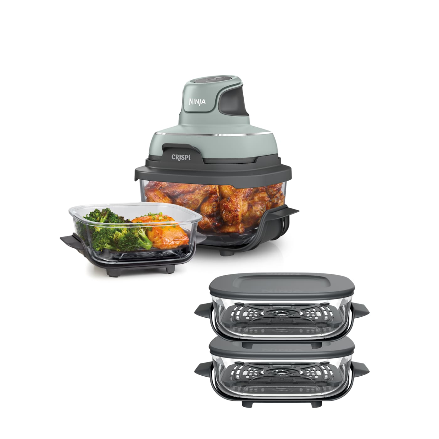 Ninja Crispi Portable Glass Air Fryer Cooking System, 4-Pack Bundle, Sage